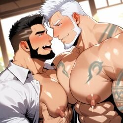 2boys aaron_huton ahe_gao ai_generated bara beard black_hair blush cyphers damian_doyle_(cyphers) dilf gay huge_nipples huge_pecs living_room male mature_male mohawk multiple_boys muscular muscular_male muscular_male_only nipple_play open_clothes open_shirt pecs pecs_focus pecs_pressed_together pecs_touching shirt tattoo tight_shirt vildfarelse white_hair