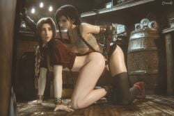 2females 2girls 3d 3d_(artwork) 3d_render aerith_gainsborough areola areolae ass bare_legs black_hair blender blender_(software) blender_cycles boots bracelet bracelets brown_hair ceeeeekc ear_ring earrings female female_focus female_only final_fantasy final_fantasy_vii final_fantasy_vii_remake fingering fingering_partner fingering_pussy fingers green_eyes jacket jacket_only jacket_open jewelry large_breasts long_hair long_socks medium_breasts nipples no_bra no_panties no_pants pleasure pleasure_face pleasured pleasured_face pleasured_female ponytail red_eyes skinny_thighs skirt skirt_lift socks square_enix stockings tank_top tank_top_lift thick_thighs thighs tied_hair tifa_lockhart very_long_hair