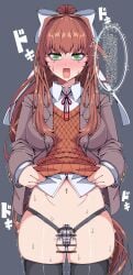 1futa bangs breasts caged caged_cock caged_dick caged_futa caged_penis chastity chastity_cage clothed clothing dirtypaprika doki_doki_literature_club flaccid flaccid_penis futa_only futanari futasub green_eyes human light_skin long_hair monika_(doki_doki_literature_club) mostly_clothed motion_lines navel penis solo sweat sweatdrop text thick_thighs thigh_highs thighs translation_request