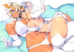 2girls abs ass blonde_hair blue_eyes bra breasts bride cameltoe cleavage dark-skinned_female dark_skin elbow_gloves female gloves hair_ornament hand_on_ass large_breasts lingerie muscular_female nipple_bulge original panties ponytail sela_(sela_god) sela_god short_hair sideboob thighhighs tied_hair ursula_(sela_god) v veil wedding_lingerie wife_and_wife yuri