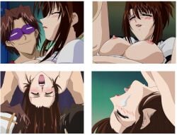 2boys blush bra breasts brown_hair cleavage clenched_teeth daraku_onna_kyoushi_hakai female glasses grin imminent_rape large_breasts lingerie male multiple_boys off_shoulder one_eye_closed open_mouth open_shirt ragawa_kiriko shirt smile strap_slip sunglasses underwear wince