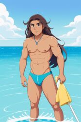 ai_generated beach long_hair looking_at_viewer male_only speedo tagme