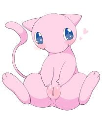 azuo blue_eyes blush female female_feral feral fur generation_1_pokemon genitals heart_eyes heart_symbol hi_res legendary_pokemon mew_(pokemon) nintendo pink_body pink_fur plump_labia pokemon pokemon_(species) pussy simple_background sitting solo spread_legs spreading white_background