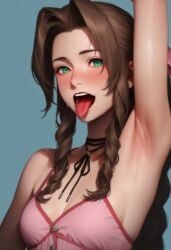 aerith_gainsborough ai_generated armpit armpit_fetish armpits arms_up blush brown_hair eye_contact final_fantasy_vii green_eyes looking_at_viewer open_mouth pink_clothing su_whore_(artist) sweating sweaty sweaty_armpits tongue tongue_out