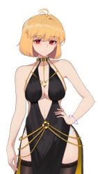 1girls alternate_breast_size arcueid_brunestud arrogant bare_shoulders bb_(fate) bb_dubai_(fate) bb_dubai_(fate)_(cosplay) belly_chain black_dress blonde_hair blush breasts breasts_bigger_than_head center_opening chains cleavage clothed dress fate/grand_order fate_(series) female girl_focus gold_chain hand_on_hip hips jewelry kaworu13 large_breasts looking_at_viewer melty_blood necklace panties panties_visible_through_clothing posing posing_for_the_viewer red_eyes short_hair side_slit solo thick_thighs thighs top_heavy tsukihime type-moon vampire_girl wide_hips yellow_ribbon