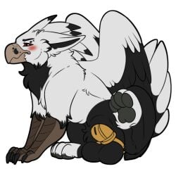 1:1 alpha_channel avian balls beak blush cage feathered_wings feathers genitals gryphon male mythological_avian mythological_creature mythology penis sitting solo symrea telegram_sticker wings