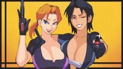 2girl 2girls arm_around_another big_breasts black_hair blue_eyes breasts breasts_to_breasts brown_eyes caucasian caucasian_female cel_shading chinese chinese_female cleavage duo fear_effect glint gun hana_tsu-vachel holding_gun inkuusan large_breasts lipstick pointing_gun_at_viewer ponytail rain_qin simple_background smile soft_breasts tagme wink winking