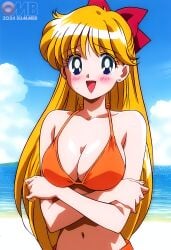 1girls accurate_art_style ai_generated alluring beach bikini bishoujo_senshi_sailor_moon blonde_hair blue_eyes blue_sky cleavage medium_breasts michael_benson minako_aino ocean pin_up