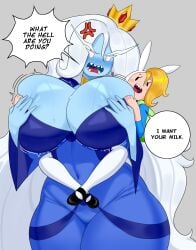 2girls adventure_time blue_skin fionna_the_human_girl huge_breasts ice_queen_(adventure_time) idler_r light-skinned_female tagme