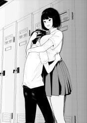 1boy 1girls artist_request big big_breasts bigger_female black_hair breasts clothed clothed_female clothed_male comforting comforting_another couple embracing embracing_another embracing_each_other greyscale head_between_breasts height_difference hug larger_female shorter_male size_difference smaller_male wholesome