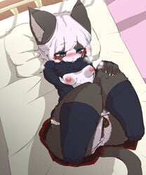 2016 anthro areola bed blue_eyes blush breasts chipar clothed clothing ears_up female fur hair kemono lying mammal masturbation nipples on_back on_bed pussy skirt smile solo sweater thick_thighs white_hair wide_hips