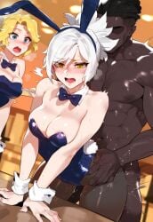 1boy ai_generated battle_bunny_riven dark-skinned_male ded_173 doggy_style interracial league_of_legends multiple_girls playboy_bunny riven voyeur watching white_hair yellow_eyes