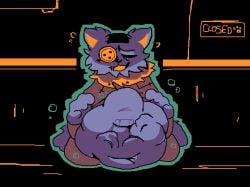 belly_bulge belly_overhang darkner deltarune feline oral_vore pawplants seam_(deltarune) smile soft_vore squirming struggle struggling text unknown_prey vore