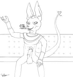 absurd_res anthro balls beerus dialogue domestic_cat dragon_ball dragon_ball_super felid feline felis furiousfox genitals hairless hairless_cat hi_res humanoid_genitalia humanoid_penis jewelry looking_at_viewer male mammal monochrome penis sitting solo sphynx_(cat) spread_legs spreading tail