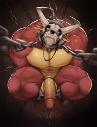 abs absurd_res andrefil360 balls bodily_fluids bone bound chained chains digital_drawing_(artwork) digital_media_(artwork) erection genitals glans hi_res horn looking_at_viewer male muscular muscular_male pecs penis saliva skull skull_head solo teeth