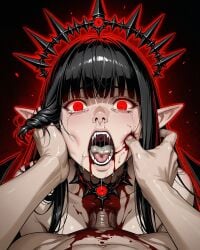 after_rape ai_generated black_hair blood cum_in_mouth dead elf erection gore guro lifeless_eyes open_mouth penis red_eyes tears uncensored
