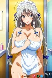 1girls ai_generated bathroom breasts grayfia_lucifuge high_school_dxd semi_nude smile solo towel