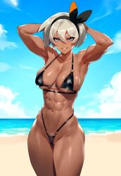 1girls abs ai_generated bare_arms bare_legs bare_shoulders bare_thighs bea_(pokemon) beach big_breasts big_penis bikini bikini_bottom bikini_top clothed clothing color dark-skinned_female dark_skin female female_focus female_only fit_female game_freak grey_eyes grey_hair gym_leader hi_res looking_at_viewer muscles muscular muscular_female nintendo nipples_visible_through_clothing pokemon pokemon_ss pokemon_trainer sand sea short_hair solo solo_female thick_thighs water