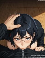 1boy :>= ai_generated bangs black_eyes black_hair black_jacket black_pants blue_eyes blush breasts clothing deepthroat english_language english_text eyewear fellatio female female glasses haikyuu!! hand_on_another's_head indoors irrumatio jacket jousneystudio large_breasts long_sleeves looking_at_viewer looking_up male male_pov mole mole_under_mouth oral original pants penis pov rimless_eyewear saliva sex shimizu_kiyoko shirt short_hair solo_focus straight sweat text wooden_floor zipper