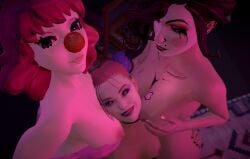 3d_(artwork) 3girls absurd_res absurdres borderlands_3 clown clown_girl clown_makeup clussy crossover dc eastern_and_western_character female geiru_toneido gyakuten_saiban harley_quinn harley_quinn_(suicide_squad_game) holding_own_breast mad_moxxi red_nose virtamate