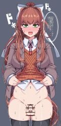 breasts clothing dirtypaprika doki_doki_literature_club flaccid flaccid_penis futa_only futanari green_eyes long_hair monika_(doki_doki_literature_club) motion_lines navel penis sweat sweatdrops text thick_thighs thigh_highs thighs translation_request