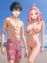1boy 1boy1girl 1girls :d ai_generated beach big_breasts black_hair breasts casual casual_nudity clothed clothed/nude clothed_male clothed_male_nude_female completely_naked completely_naked_female completely_nude completely_nude_female couple cute etra-chan_saw! female fit fit_female hand_behind_back kuroki_(etra-chan_saw!) looking_at_viewer male male/female muscular muscular_male naked naked_female necklace nipples nude nude_edit nude_female nude_filter perfect_body pink_hair pubic_hair pussy red_eyes sand smile smiling smiling_at_viewer swimming_trunks swimsuit swimwear vagina water wholesome wholesome_nudity youtube yuri_(etra-chan_saw!)