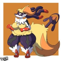 big_breasts braixen breasts cleavage female furry huge_breasts lucario mega_lucario pokemon pokemon_(species) tagme thick_thighs thixxen wide_hips