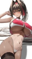 bare_arms bare_shoulders bay_(nikke) black_collar black_hair black_hairband black_thighhighs blurry blurry_background blush breasts closed_mouth clothes_writing collar crop_top crop_top_overhang dark-skinned_female dark_skin enun facial_mark female fingernails goddess_of_victory:_nikke grey_eyes groin hair_between_eyes hair_intakes hair_spread_out hairband hands_up high_ponytail highleg highleg_panties highres huge_breasts long_hair looking_at_viewer lying mole mole_under_eye mole_under_mouth multicolored_hair navel no_bra no_pants on_side panties ponytail raised_eyebrows red_hair red_hairband red_shirt shadow shirt sideboob simple_background single_thighhigh sleeveless sleeveless_shirt solo spiked_collar spikes star_(symbol) star_facial_mark stomach string_panties tan tanline thighhighs two-tone_hair two-tone_hairband underboob underwear upshirt very_long_hair white_background white_panties