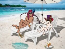 barefoot beach beach_chair breasts brother_and_sister crab curly_hair fishing fishing_rod ginger_hair harley_(mobile_legends) lesley_(mobile_legends) mobile_legends mobile_legends:_adventure mobile_legends:_bang_bang pubic_hair reddish_hair shirtless_male speedo summer tan-skinned_female tan_skin top_hat topless topless_female white_skin