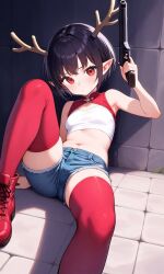 ai_generated antlers beach black_hair elf_ears eye_contact female gloves pixie_cut red red_eyes red_gloves seductive_expression short_hair smirk smug_expression stripper teasing usebackdooronly