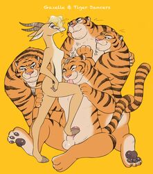 2016 antelope anthro balls blonde_hair breasts brown_eyes disney erection feline female gazelle gazelle_(zootopia) hair horn licking male mammal nude penis small_breasts tiger tiger_dancer_(zootopia) tongue tongue_out wantaro zootopia