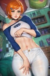 ben_10 blue_shirt bodybuilder earrings female female_focus female_only freckles green_eyes gwen_tennyson long_pants long_sleeves neoartcore orange_hair ripped_pants sexy_body sexy_clothing sexy_pose short_hair shoulders showing_off sisters standing stomach take_off take_off_shirt thick_thighs thighs tight_body tight_clothing tight_pants tight_pussy tight_shirt white_bra white_pants younger_female