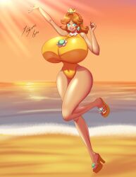 1girls allissei alternate_breast_size big_breasts bikini blue_eyes brown_hair crown earrings eyebrows_visible_through_hair huge_breasts long_hair mario_(series) nintendo ocean orange_hair pink_bikini princess_daisy schnauzercito sky solo_female tagme