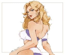 ass blonde_female blonde_hair blue_eyes bon_drawr earrings erect_nipples fantastic_four large_breasts looking_at_viewer marvel marvel_comics marvel_rivals milf red_lipstick seductive_eyes shoulder_length_hair sue_storm swimsuit