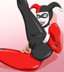 1girls alternate_version_available batman:_the_animated_series batman_(series) bodysuit censored dc dc_comics dcau female female_only harley_quinn harley_quinn_(classic) human pussy solo spread_pussy spreading_pussy tak-u winking