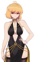 1girls alternate_breast_size annoyed arcueid_brunestud bare_shoulders bb_(fate) bb_dubai_(fate) bb_dubai_(fate)_(cosplay) belly_chain black_dress blonde_hair breasts breasts breasts_bigger_than_head center_opening chains cleavage clothed dress fate/grand_order fate_(series) female girl_focus gold_chain hand_on_hip hips jewelry kaworu13 large_breasts looking_at_viewer melty_blood necklace panties panties_visible_through_clothing posing posing_for_the_viewer red_eyes short_hair side_slit solo thick_thighs thighs top_heavy tsukihime type-moon vampire_girl wide_hips yellow_ribbon