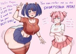 2girls ass big_ass blue_hair bottom_heavy breasts bubble_butt cosplay crossover dat_ass dialogue doki_doki_literature_club fat_ass female female_only huge_ass large_ass looking_at_viewer miside mita_(miside) natsuki_(doki_doki_literature_club) pink_hair shortstack talking_to_viewer text thick_ass thick_thighs wide_hips ytrall