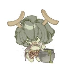 bone bug cauldron chibi chibi_only chinese_commentary colored_skin commentary_request female fly freckles green_hair green_skin guro highres holding holding_bone intestines monster_girl nurgle open_mouth simple_background smile solo stirring warhammer_40k white_background yigeweiren607