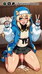 1boy 2d after_sex ai_generated blonde_hair blue_eyes blush blush bridget clothed cum cum_drip cum_on_body cum_on_face cum_splatter double_v double_v_sign femboy femboy_focus femboy_only guilty_gear guilty_gear_strive heavy_breathing looking_at_viewer male one_eye_closed seramic_seven short_hair solo solo_femboy solo_focus thick thick_thighs v_sign