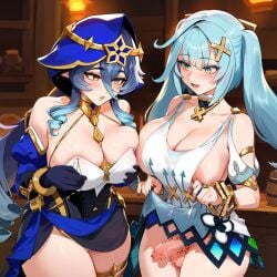 2girls ai_generated bangs bare_shoulders black_gloves blue_hair blush breasts cleavage covered_nipples dress elbow_gloves eyebrows_visible_through_hair faruzan_(genshin_impact) flaccid flaccid_penis futa_with_female futanari genshin_impact gloves hair_between_eyes hair_ornament large_breasts layla_(genshin_impact) long_hair mosaic_censoring multiple_girls nipples open_mouth panties penis skirt_lift testicles very_long_hair yellow_eyes yuri