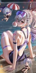 blush blush bubble_gum grey_hair honkai:_star_rail honkai_(series) hoyoverse legs liang_xing looking_at_viewer mihoyo pool seducing_viewer seductive_look silver_wolf_(honkai:_star_rail) swimming_pool swimsuit swimwear thick_thighs thighs