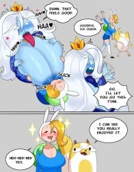 2girls adventure_time blonde_hair blue_skin breast_sucking cake_the_cat cat cat_girl crown female fionna_the_human_girl furry furry_female huge_breasts ice_queen_(adventure_time) idler_r light-skinned_female queen tagme white_hair