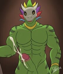 anthro artist_request balls bara barazoku boner cum erection lizard male male_only muscles muscular nude orgasm penis scalie skull_mask solo solo_male terraria witch_doctor_(terraria)