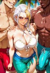 1girls 2boys ai_generated blonde_streak brown_skin bulge_through_clothing dark-skinned_male jaina_proudmoore muscular_male omegashadowz white_hair world_of_warcraft