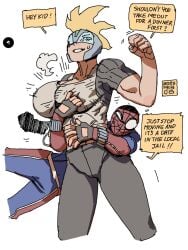 1boy 1boy1girl 1girls 2025 ac120 big_breasts blonde_female blonde_hair breasts fighting flirting grabbing_breast groping_breast helmet magi marvel mohawk muscular_female peter_parker russian_girl spider-man spider-man_(series) text_box thick_thighs unicorn_(marvel) your_friendly_neighborhood_spider-man_(2025)