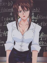 00s 2000s 2002 animated breasts brown_eyes brown_hair cleavage daraku_onna_kyoushi_hakai depravity earrings female jewelry large_breasts miniskirt pencil_skirt ponytail preview ragawa_kiriko shirt skirt solo teacher