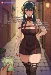 1girls ai_generated alley black_hair blush clothed comic covered_nipples cyberprincessai dress earrings jewelry large_breasts long_hair long_nails money nail_polish nipples patreon_username prostitution puckered_lips red_eyes spy_x_family text thick_thighs thighhighs tiara tight_clothing voluptuous yor_briar yor_forger