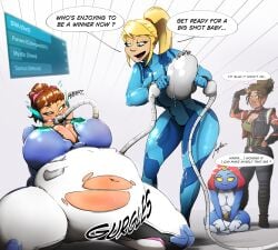 4girls ass_expansion belly_expansion big_ass big_belly big_breasts big_thighs blonde_hair blue_bodysuit blue_skin bodysuit breast_expansion brown_hair cleavage crossover cyberpunk_2077 d.va dark_skinned_female dialogue expansion hose hose_in_mouth hose_inflation inflation juicyflater light-skinned_female marvel marvel_comics metroid mystique navel obese overwatch overwatch_2 panam_palmer pilot_suit plugsuit poll_winner red_hair ripped_bodysuit ripped_clothing samus_aran tagme x-men