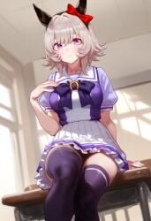 animal_ears breasts curren_chan_(umamusume) female horse_girl purple_eyes ribbon school_uniform thighs tracen_school_uniform umamusume umamusume_pretty_derby white_hair