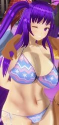 1girls 3d arm_behind_back big_breasts bikini blue_eyes busty female female_only grin hair_ribbon heterochromia large_breasts looking_at_viewer navel navel_piercing original original_character pose posing purple_hair red_eyes smile solo toned twintails virtual_youtuber voluptuous wink